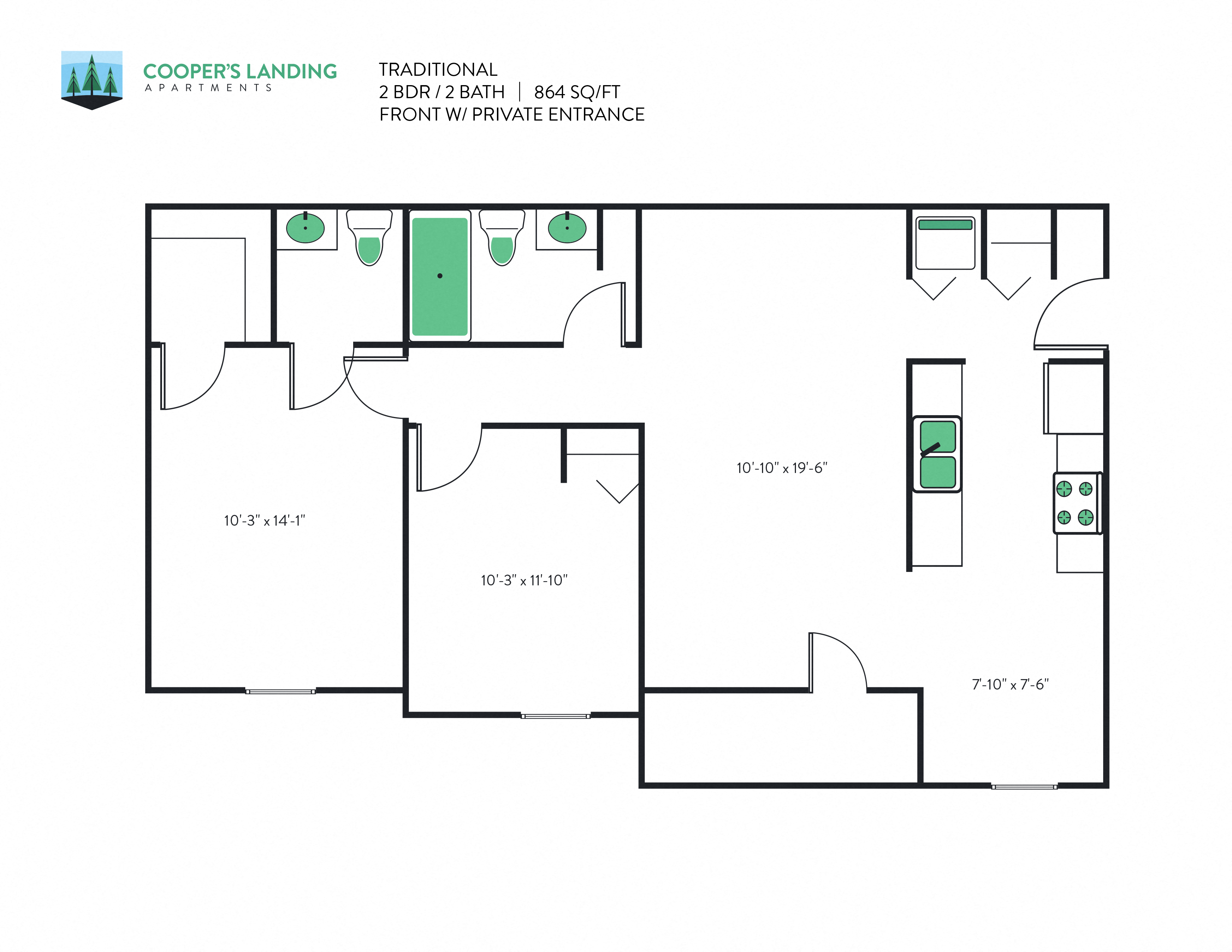 Floor plan for 2 beds, 1.5 baths, 864 sqft